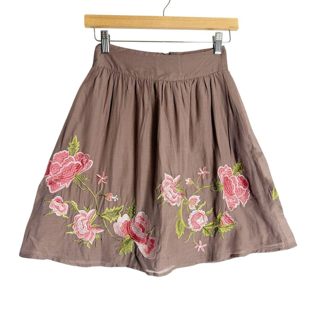 Y2K Forever 21 Brown Pink Floral Embroidered Cotton Silk A-Line Skirt Size XS